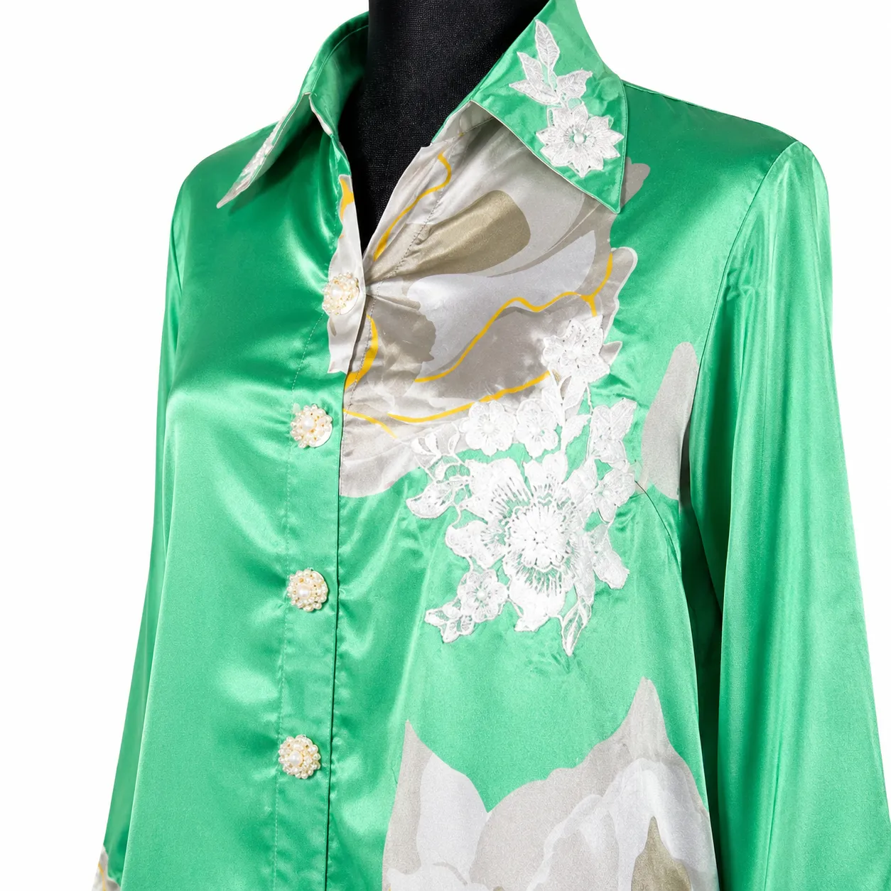 Green Satin Floral Print Button-Down Shirt